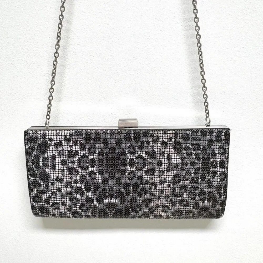 Whiting & Davis Black Silver Mesh Clutch Evening Bag Chain Strap Vintage Glam